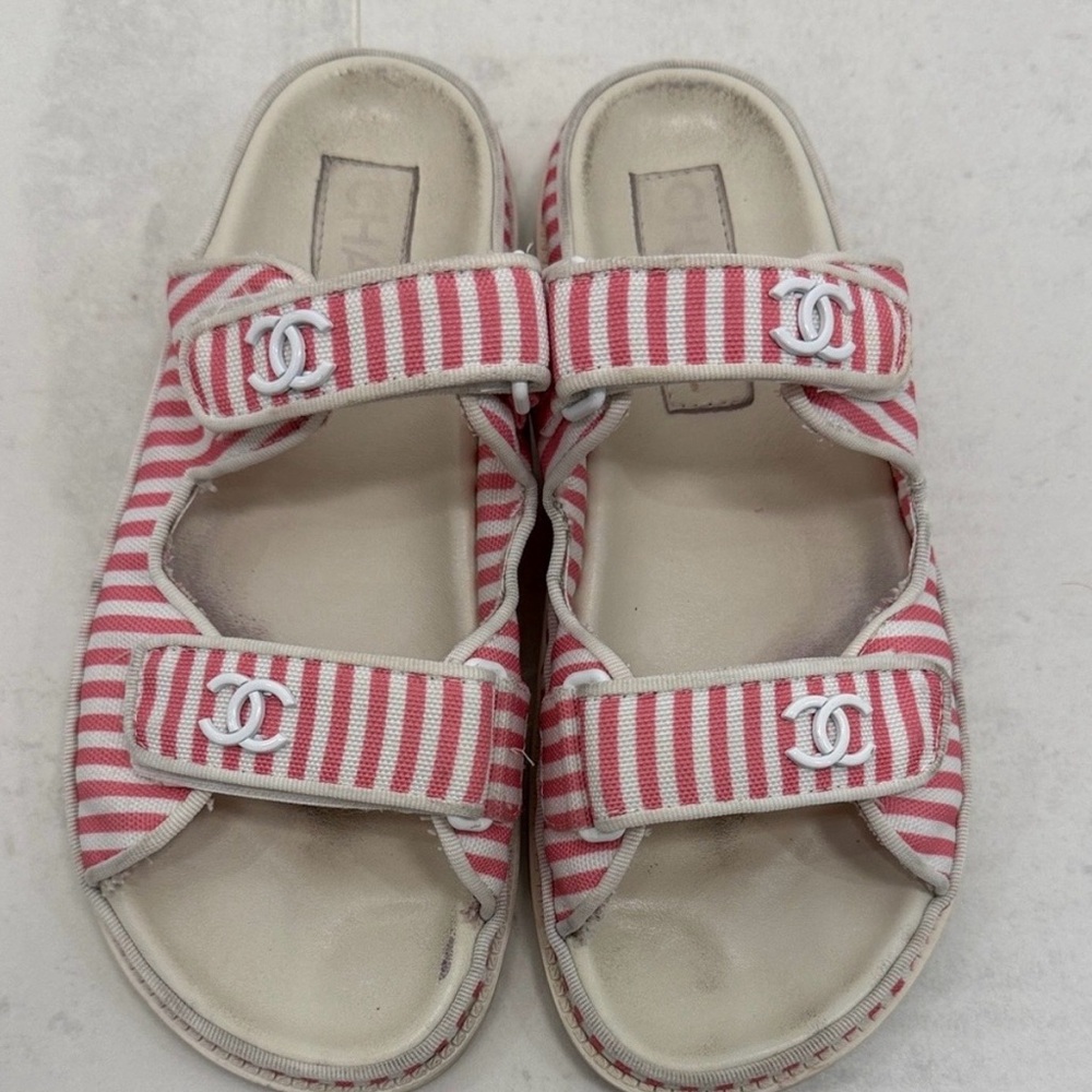 Chanel Printed Calfskin Velcro Dad Flat Mules Sandals Red Stripe 38 EU / 8 US